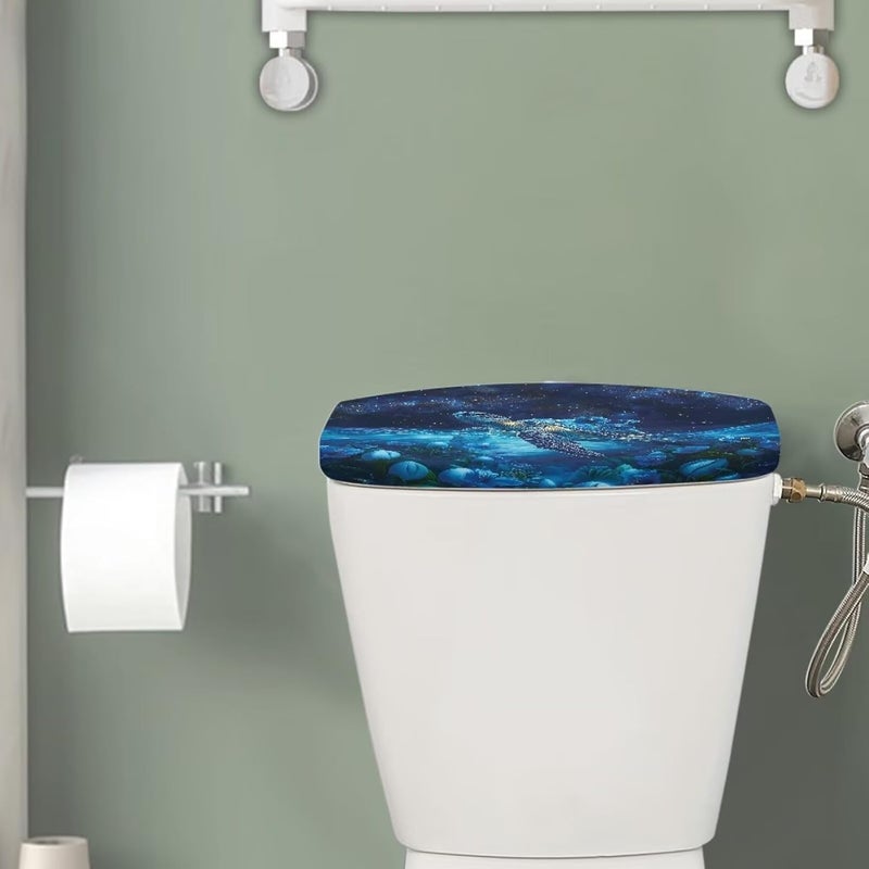 Tesivruno Sea Turtle Flower Print Toilet Tank Lid Cover, Decorative Toilet Top Cover with Starry Sky Ocean Printed, Universal Toilets Tank Dust-Proof Covers, Blue - Image 2